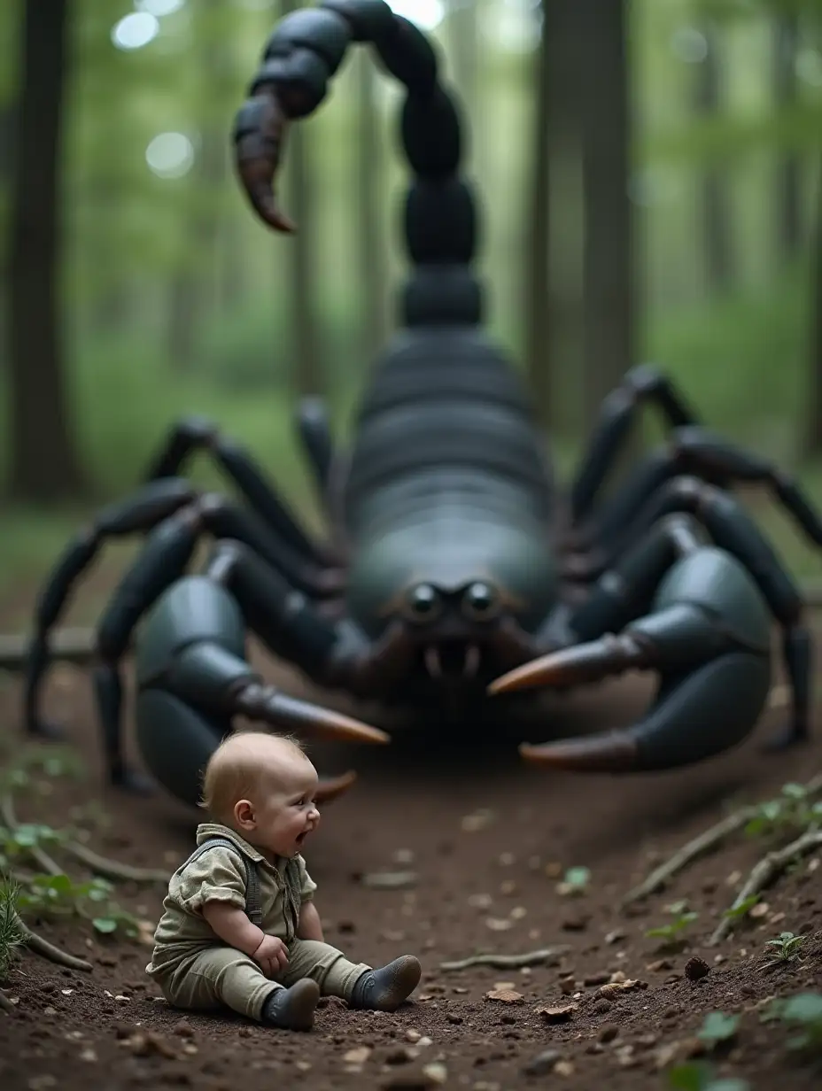 There is a giant black scorpion in the forest. In front of it, a meter away, sits a one-year-old child. The child's clothes are dirty and dusty, and the child is crying.