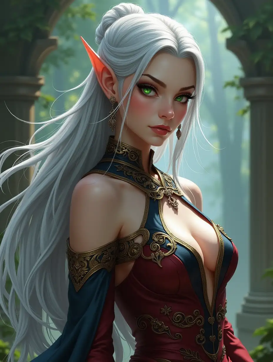 Imagine an elven lady with ethereal beauty: flowing silver hair, glowing green eyes, and elegant, revealing attire with gold and blue accents. Her presence is both graceful and commanding, exuding an air of confidence and allure. Her attire features striking red and black elements, adding a touch of boldness to her enchanting appearance.