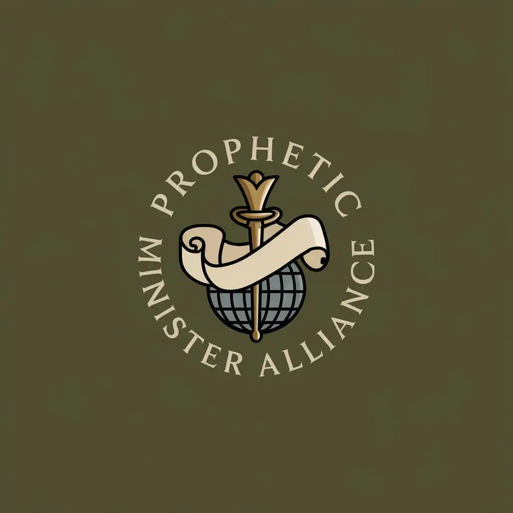 Prophetic Minister Alliance Logo with Scroll Scepter and Globe in Olive Green and Gold