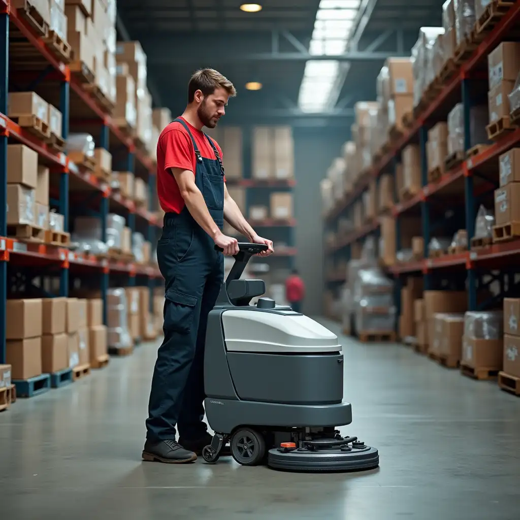 A janitor on a floor scrubber cleans the warehouse. A warehouse of spare parts for cars. A janitor in overalls with a red T-shirt. A floor scrubber of the sitting type