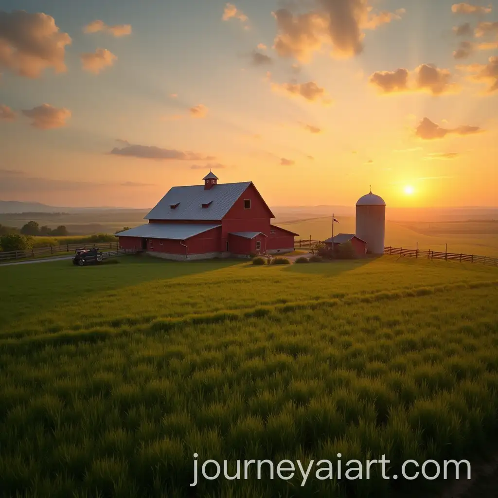 Breathtaking-Sunrise-Over-a-Sprawling-Farm-with-Red-Barn-and-Silo