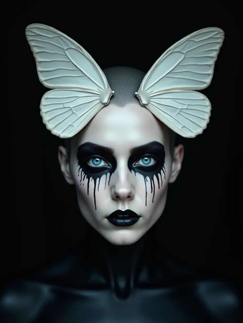 A photograph of a pale-skinned, androgynous figure with a shaved head and striking makeup. The face is painted with black, dripping tears, and vibrant blue eyes. Two large, white butterfly wings are delicately placed on the forehead. The background is dark, contrasting with the subject's glossy, black skin. The overall aesthetic is surreal and dramatic, blending elements of beauty and horror.