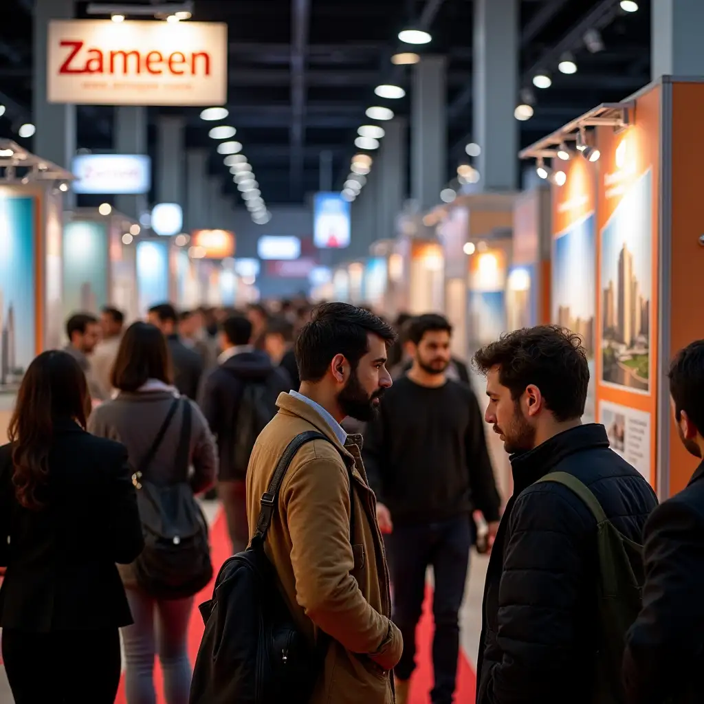 A busy real estate expo with diverse people (South Asian, Middle Eastern, and Caucasian) exploring various stalls. Banners with the Zameen.com logo and property advertisements should be visible, creating a lively and engaging atmosphere.