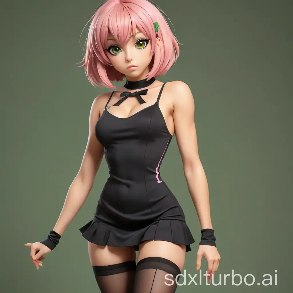 a cute gyaru femboy, short bob hair, blunt bangs sidelocks, pink hair, athlete body, black tight dress, big boobs, high heels, black stockings, dynamic pose, green eyes, catching eyes, full body,