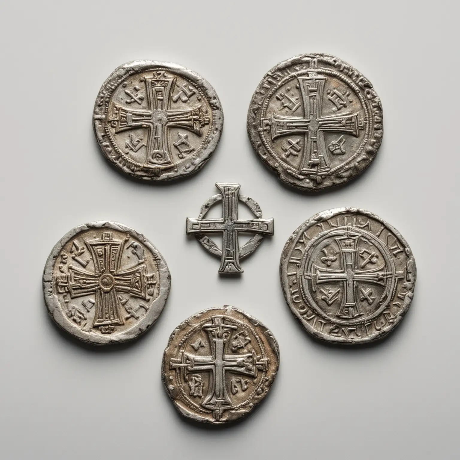 view strictly from above: three Byzantine coins, silver, with the Constantine cross. White background.