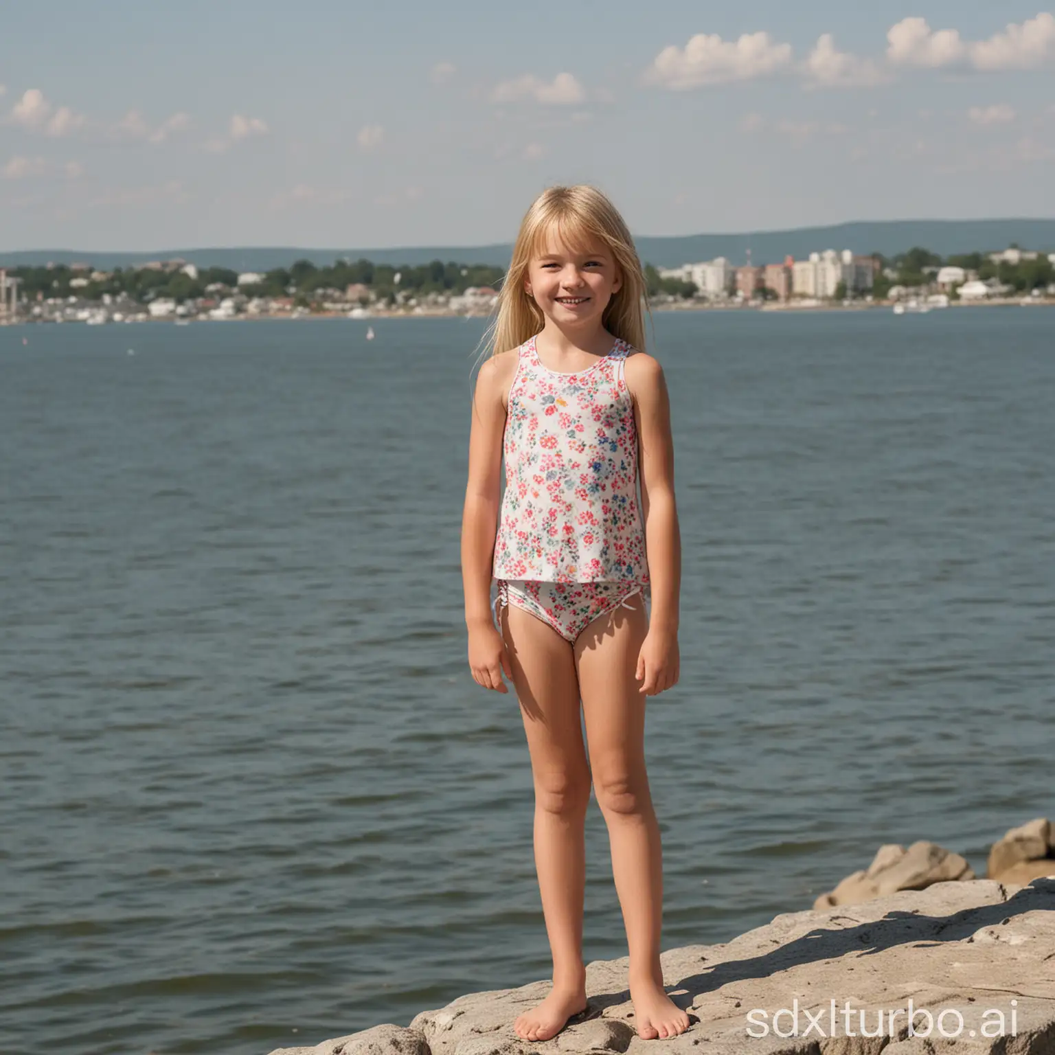 ((perfect smiling face)), ((masterpiece)),((thin body)),((blonde)), ((cute girl)), ((8 year old)), ((looking at the camera, full body portrait)), ((short thin legs) wide open ajar), ((flat thin torso)),((Baltimore and the Cheasapeake bay in background on a sunny day))