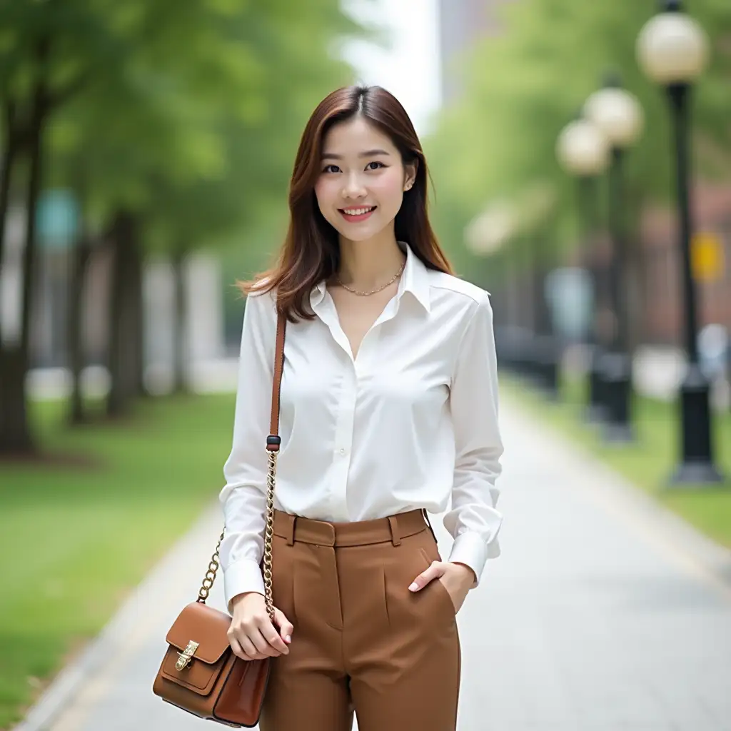 a pretty asian woman standing in a city garden. Throughout her appearance, she is seen wearing a stylish outfit with a white long-sleeved shirt and brown trousers, a fashionable bag hanging on her shoulder.