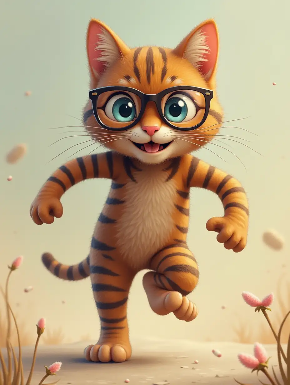 The striped cat with glasses is jogging and playing