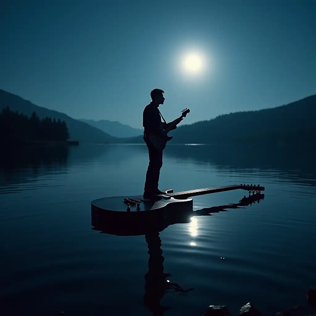 An electric guitar floating on a lake lit by moonlight with a man standing on it playing the guitar