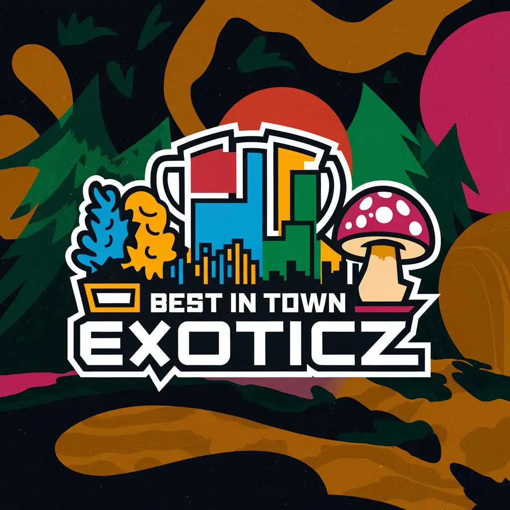 LOGO Design for Best In Town Exoticz Vector Design with Trophy Cityscape Tree and Mushroom Symbols