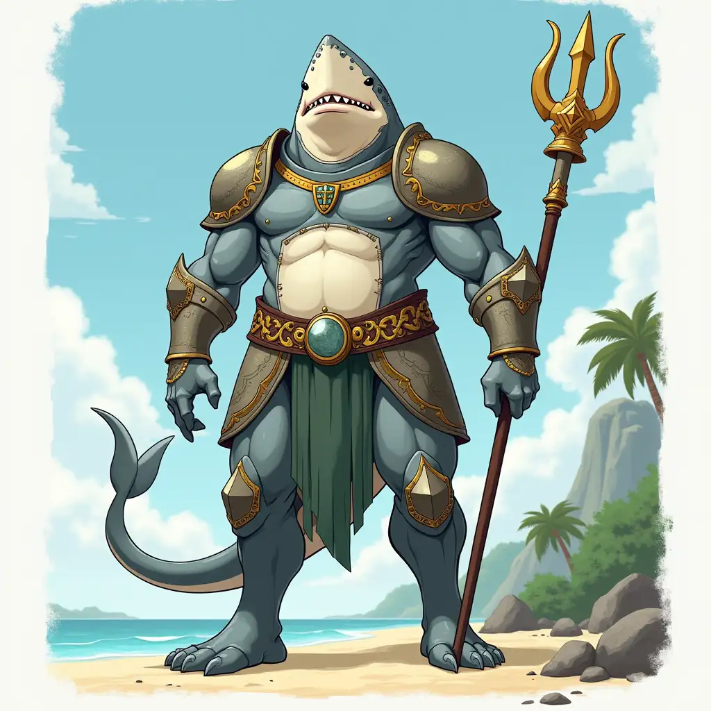 Whole body in frame, Tall, ferocious, lean build, anthropomorphic shark wearing full-body body armor, including chest armor and abdominal armor, subtle gold-accented armor, holding a trident, standing guard pose, detailed and moderately intricate, matte, rough-textured, volumetric lighting, neutral color pallet, elegant, 3/4 view for face, 1:1 image ratio, 2.5D anime style, full body in frame, island beach background with minimal trees.