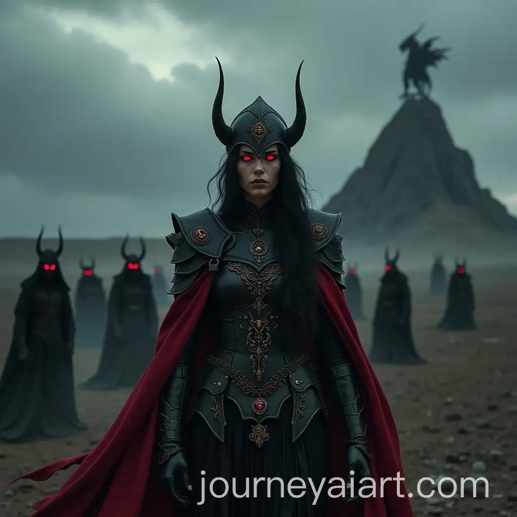 Stoic-Woman-Warrior-in-Black-Armor-with-Red-Cape-and-Demonic-Creatures-in-Dark-Fantasy-Scene