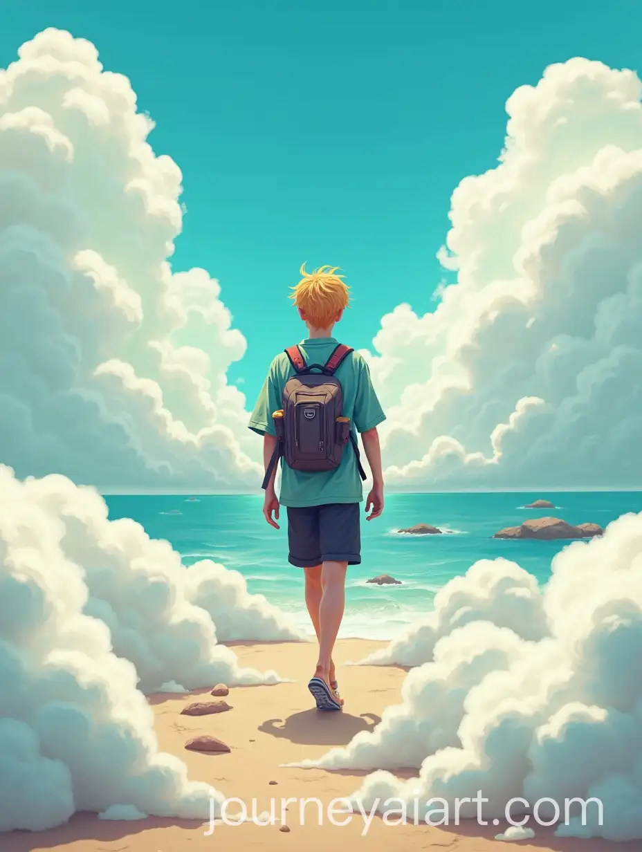 Boy-Walking-Amid-Fluffy-Clouds-in-a-Dynamic-Cyberpunk-Fantasy-Beach-Setting