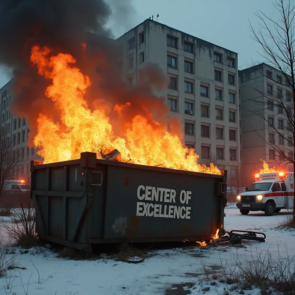 Garbage-Dumpster-on-Fire-Outside-Dilapidated-Hospital-in-Winter-with-Burning-Ambulances