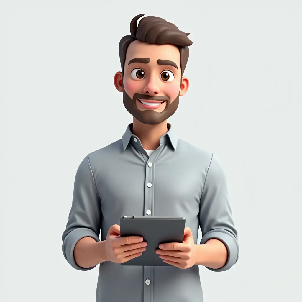 A realistic 3D render of a Quality Assurance (QA) Engineer, a man with a calm, detail-oriented expression. He has short, neat hair, wears a casual button-up shirt, and is holding a tablet or clipboard, as if documenting test results. His posture suggests thoroughness and attention to detail, key traits for ensuring software quality. No background, focusing solely on the character.