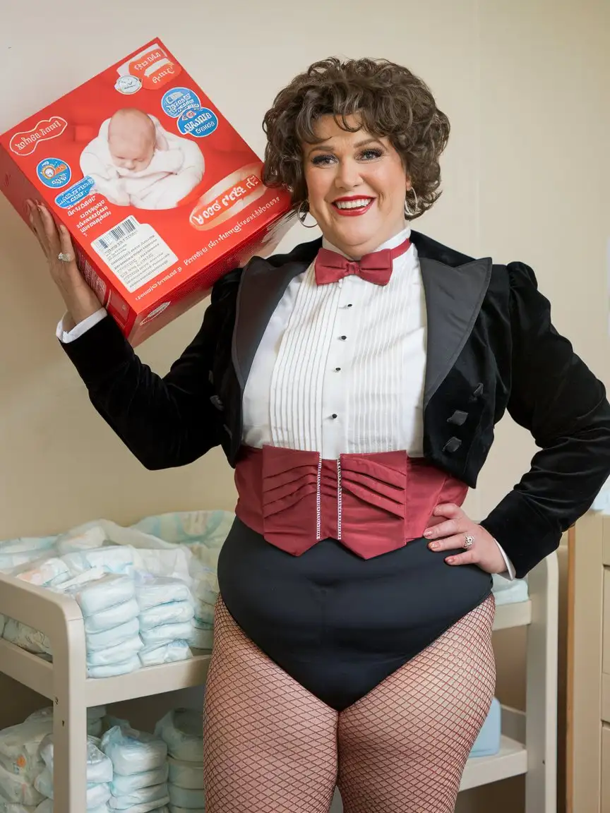 Formal-Concert-Tuxedo-Woman-Holding-Huggies-Diaper-Box