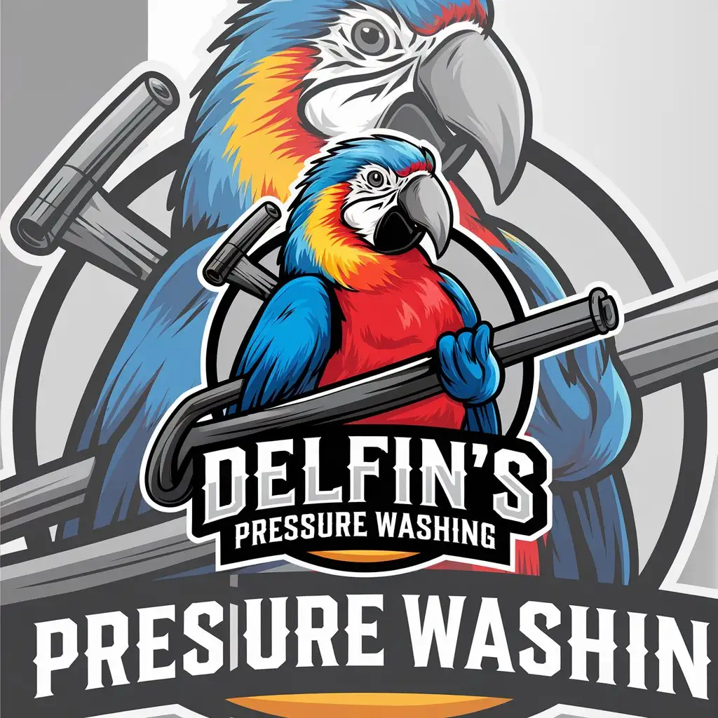 LOGO Design For Delfins Pressure Washing Parrot Holding a Pressure Washer on Clear Background