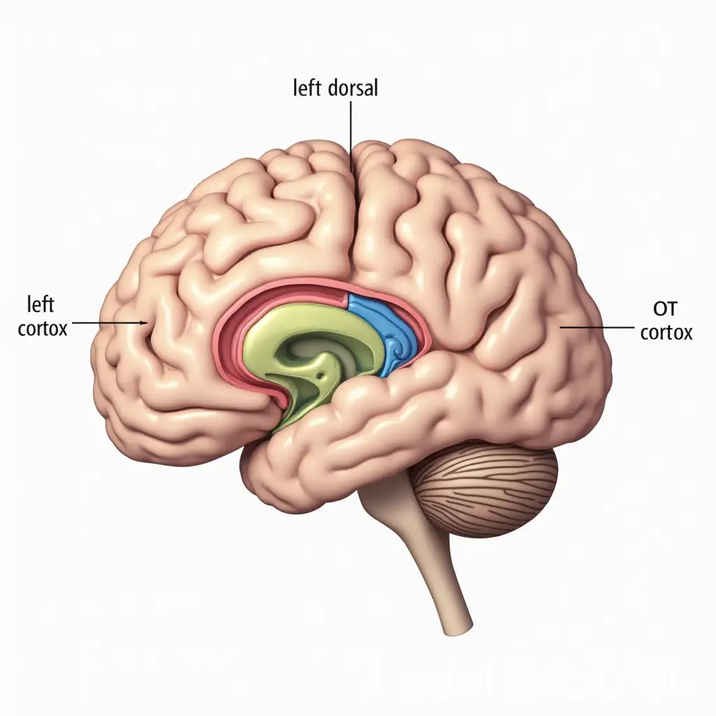 a illustration of the left dorsal TP cortex and of the left ventral OT cortex two brain areas structure