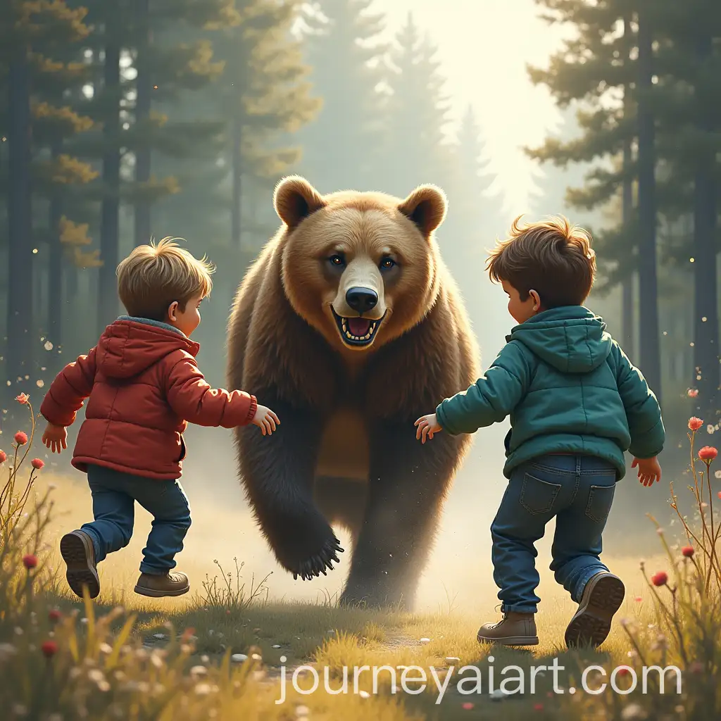 Three-Friends-Being-Chased-by-a-Grizzly-Bear-in-a-Forest