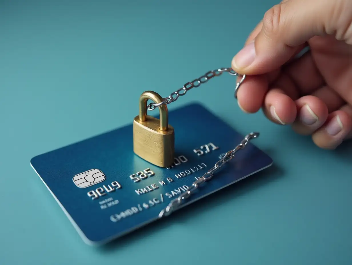 credit card with a lock on top, simulated blocking, encryption