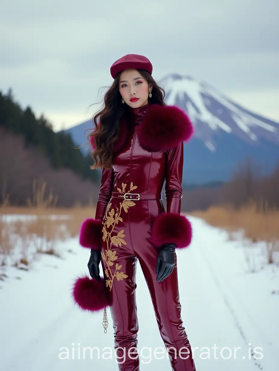 Japanese model, in a dandy way, wavy long hair with dark red mink-fur chapka, earrings, collars and bangle, long leather gloves, dark red mink-fur bolero, dark fuchsia patent jumpsuit embroidered with gold flowers, in very high-stiletto-heels dark red patent thigh-high-boots on a deserted and snowy path in front of the Fujiyama mount, full length photo