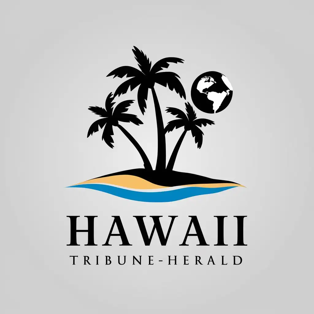 a vector logo design,with the text "Hawaii Tribune-Herald", main symbol:In the center of the universe, there's a beach with coconut trees, and on one of the trees hangs a black-and-white Earth.,Minimalistic,be used in Technology industry,clear background