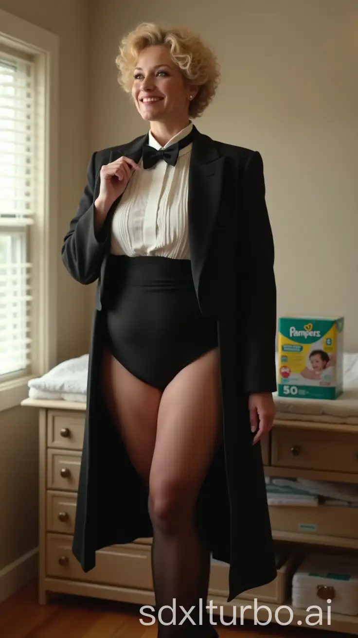 MiddleAged-Woman-in-Formal-Orchestra-Tuxedo-with-Pampers-Diapers-in-Nursery