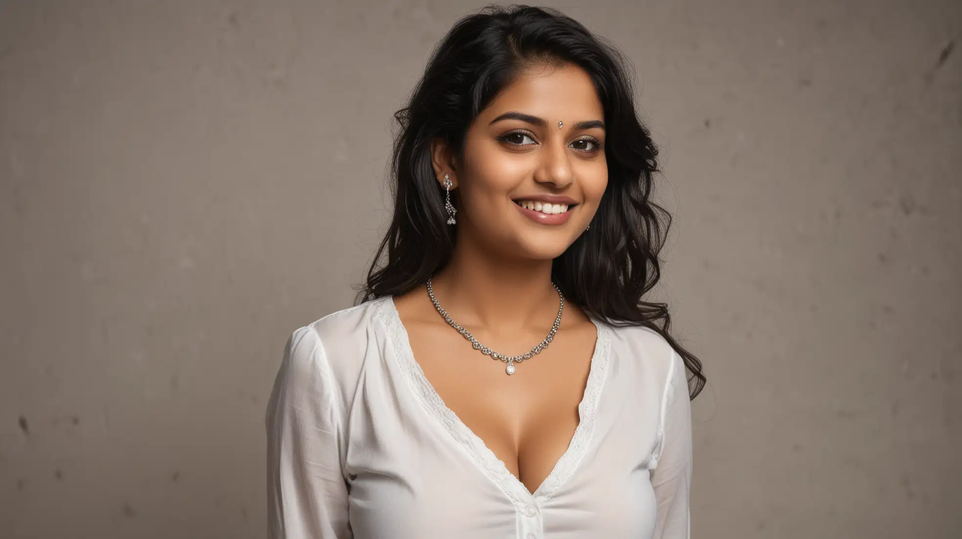 Curvy-Indian-Woman-in-Satin-Shirt-with-Natural-Expression