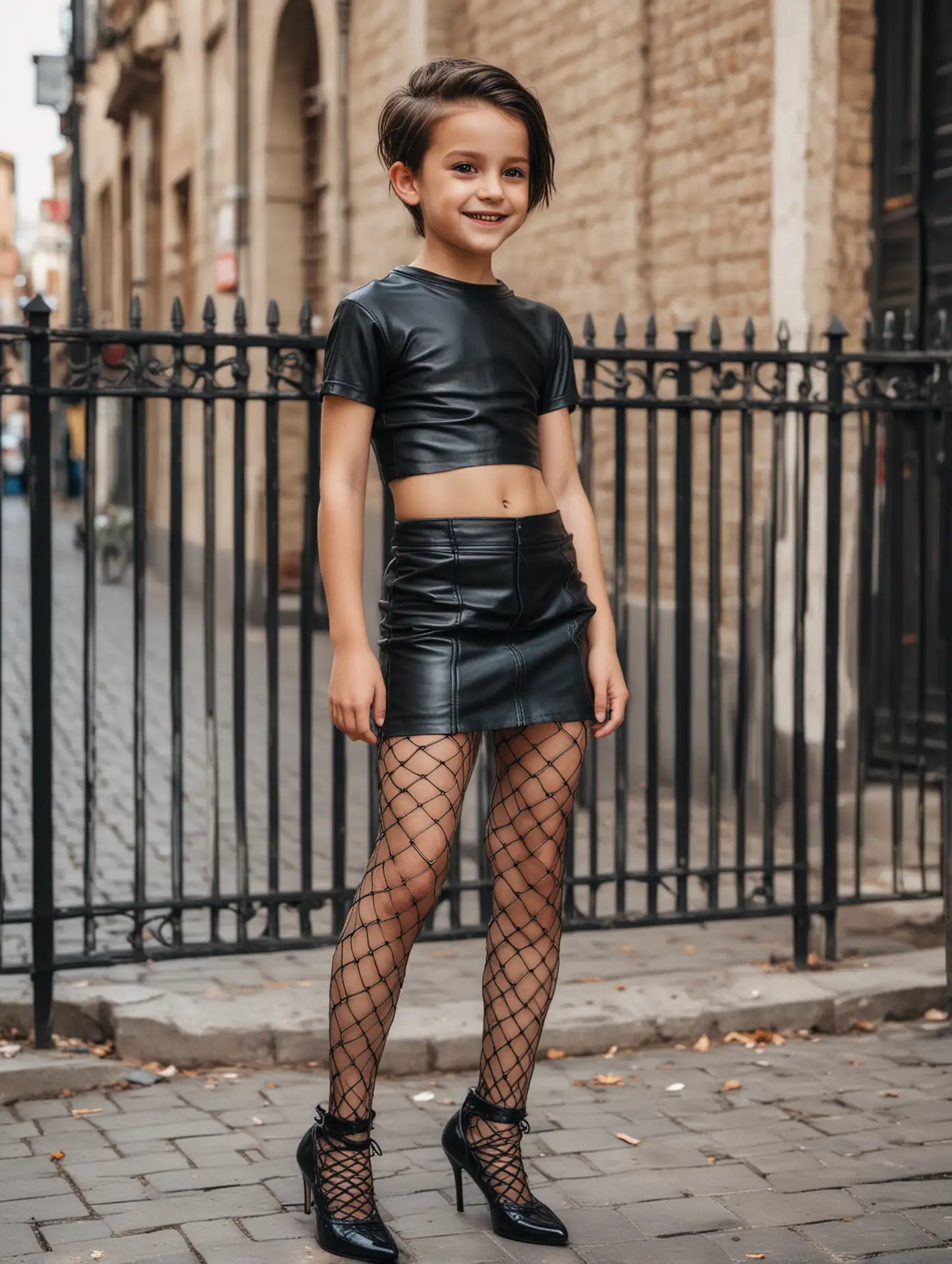 young little boys wear black leather mini skirt and white croptop and fishnet tights and black high heels and staying in town and short hair and smiling