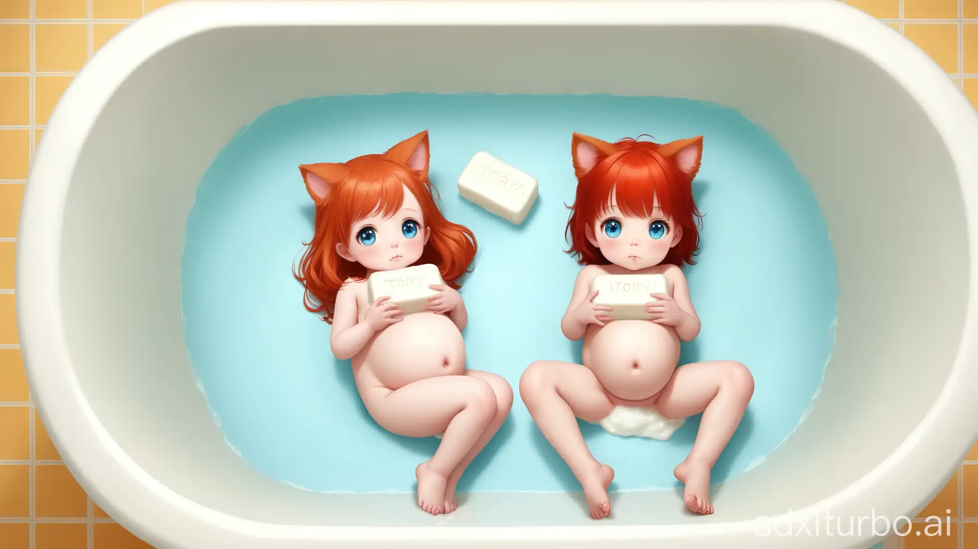 Pregnant-Redhead-Girls-with-Cat-Ears-in-Preschool-Bathtub-Setting