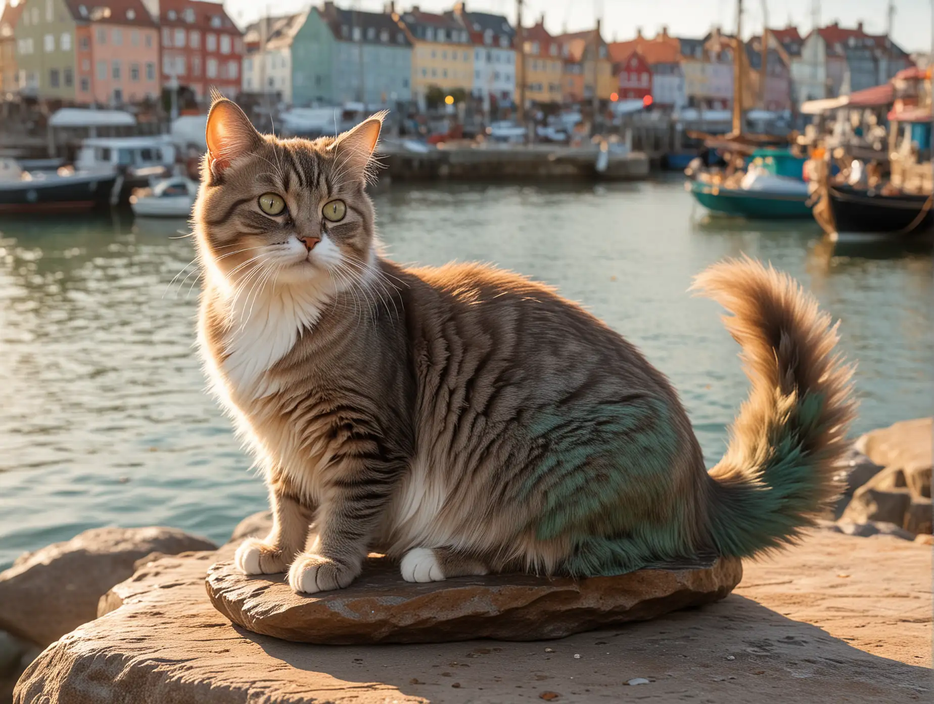 An adorable female creamy mocha munchkin cat, with her fur shimmering in the soft sunlight, playfully perched on a small rock formation that perfectly mirrors the iconic mermaid statue's pose in Copenhagen's harbor. The feline's front paws are gracefully placed on the rock, her tail curled and extended as if it's a mermaid's fin, and her head tilted to the side with a mischievous expression that suggests she knows she's putting on a show. Her eyes sparkle with curiosity as they gaze into the distance, and her whiskers twitch with the gentle sea breeze. The rock she sits on is meticulously painted with the same green patina as the statue, blending the whimsical scene with reality. The surrounding water is calm, reflecting the warm tones of the cat's fur, and the quaint harbor scene is bustling with life in the background. The realistic photo is captured with a vibrant color palette that highlights the cat's unique beauty and the charming juxtaposition of her playful nature with the iconic statue. The composition is clever and humorous, inviting the viewer to appreciate the absurd yet delightful moment of a cat channeling her inner mermaid spirit.