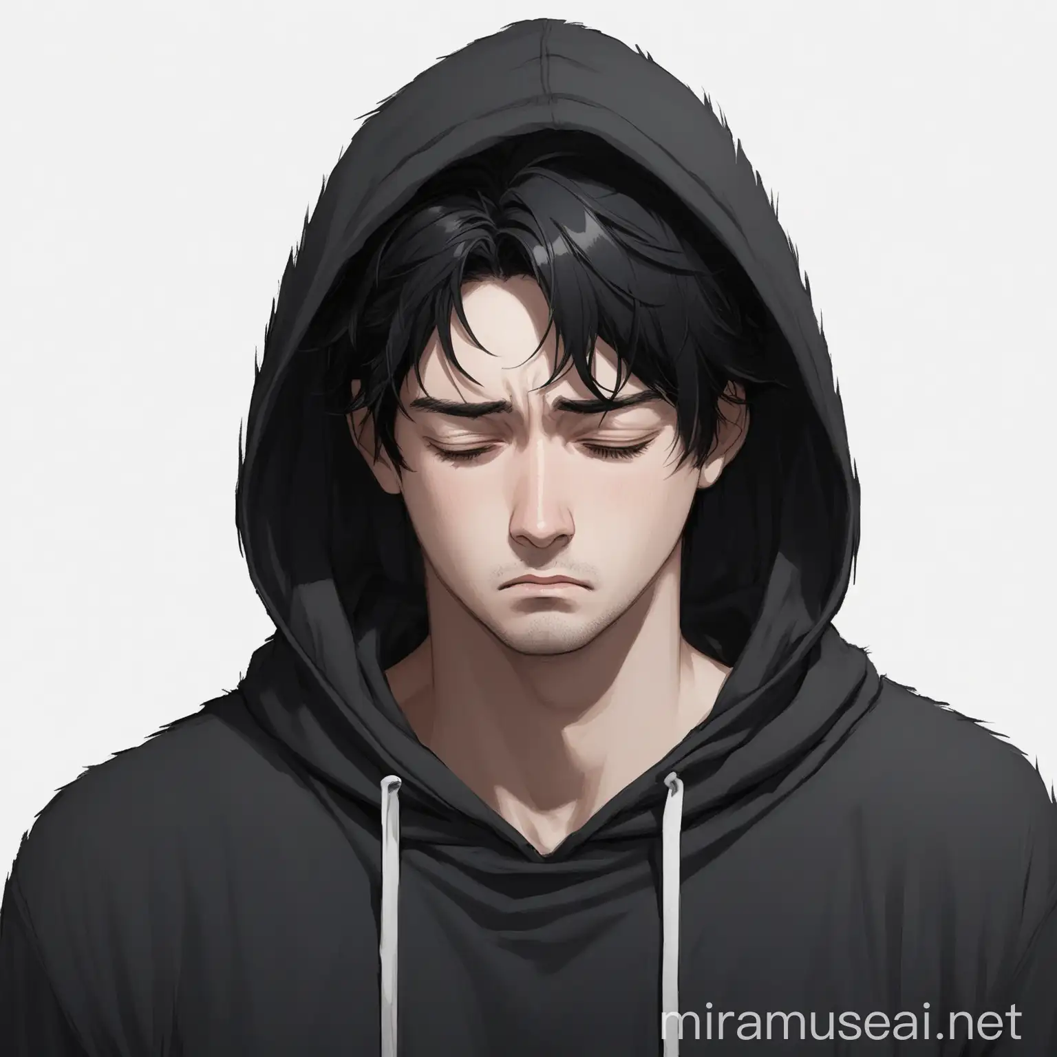 Tired BlackHaired Man in Black Hoodie on White Background