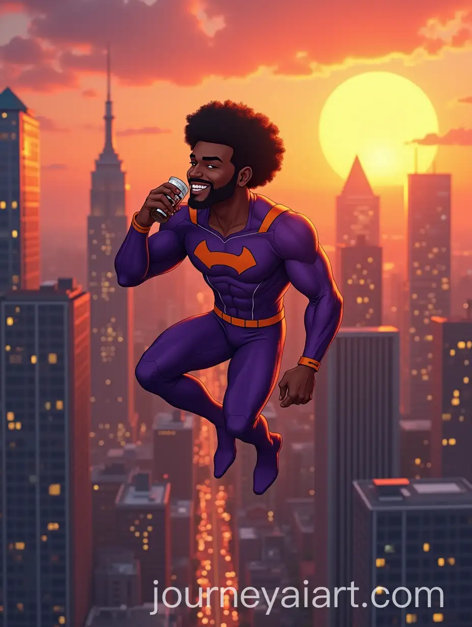 Afrodescendant-Superhero-Floating-Over-Metropolis-at-Sunset-Drinking-Soda