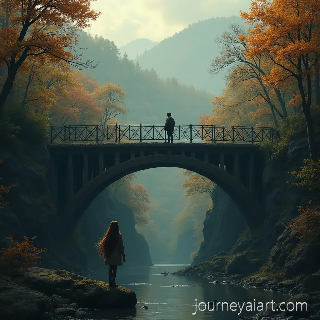 Iron-Bridge-Over-Ravine-with-Girl-andIron-bridge-and-envy-Boy-in-Autumn-Jungle-Scene