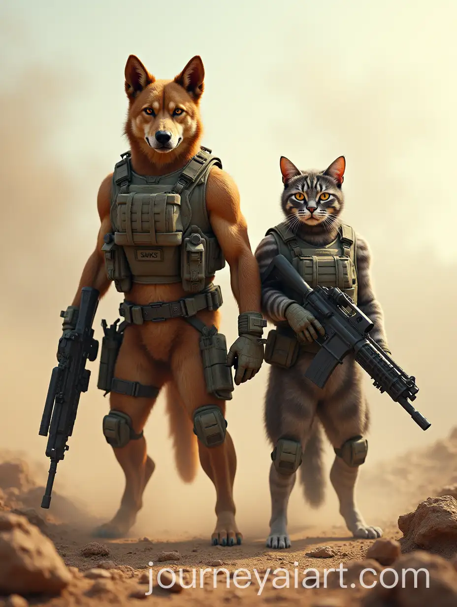 Humanoid-Dog-and-Cat-in-Tactical-Combat-Gear-on-Dusty-Terrain