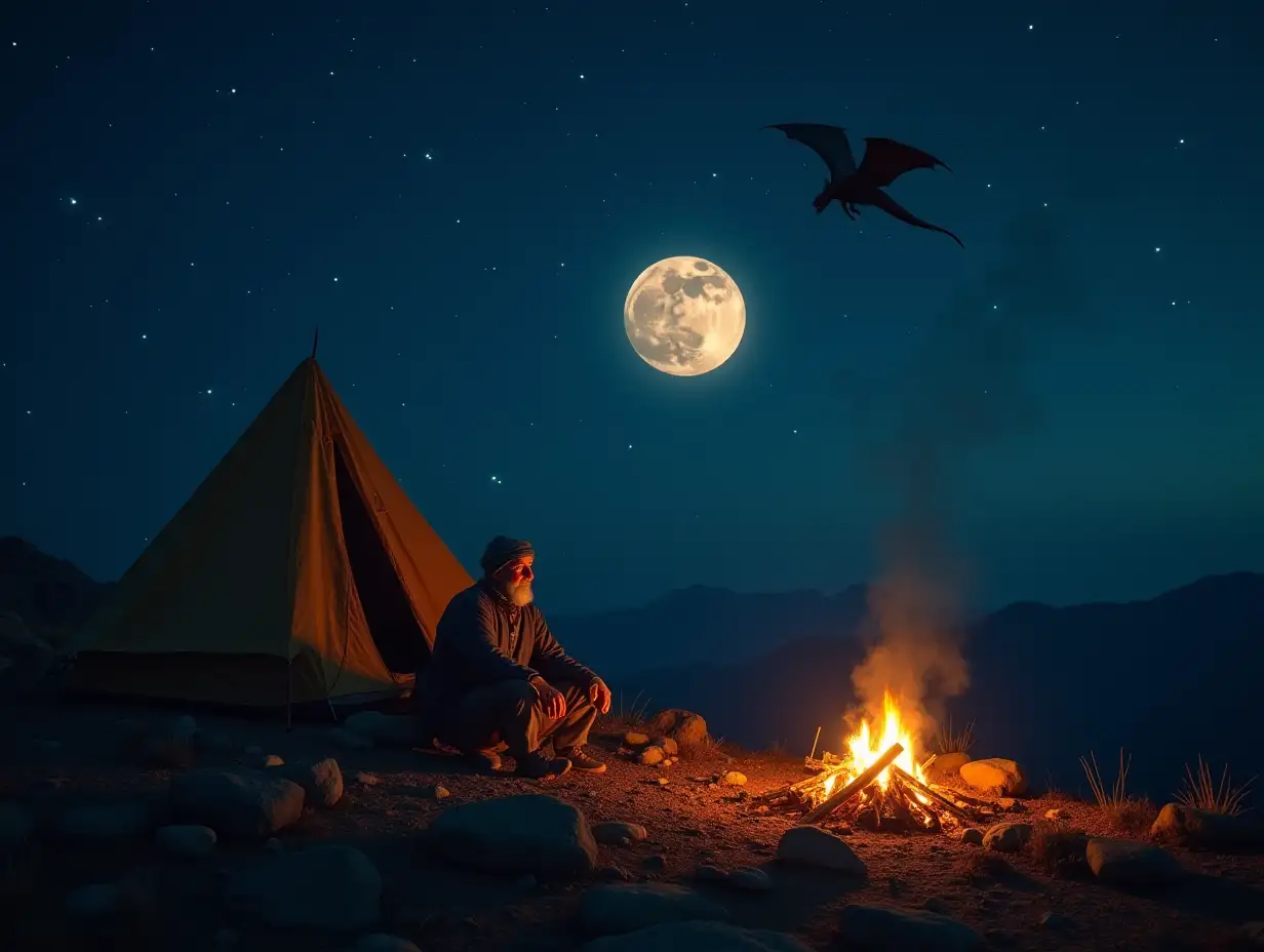 tent in the mountain top with bon fire a old muslim man sitting near it in the night watching full moon with stars and dragon flying near the moon