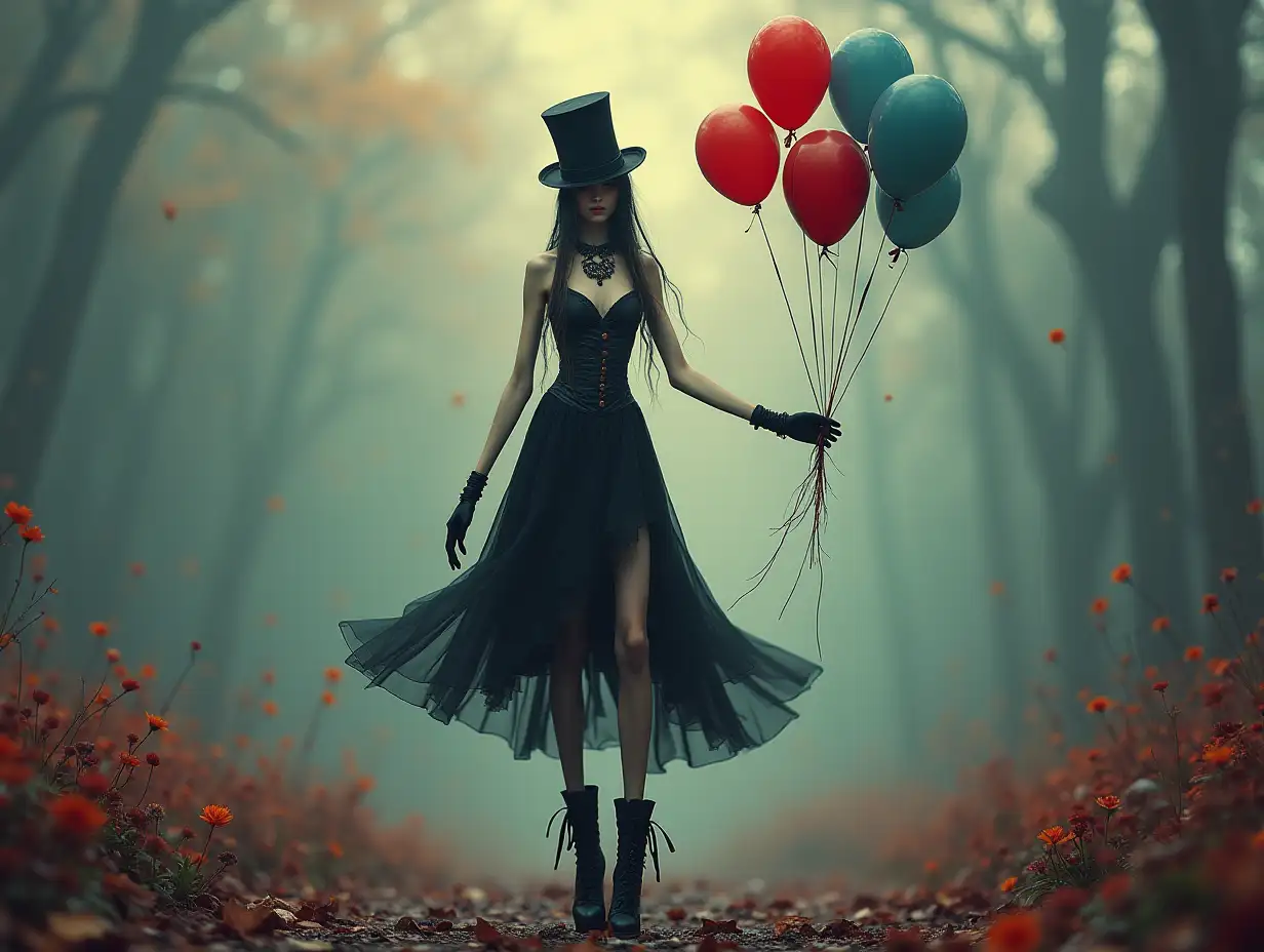  A very long gothic world -female figure with extremely thin legs and extremely long thin arms with top hat and boots and wearing jewelry.and has several balloons in her hand 4K resolution Colorful