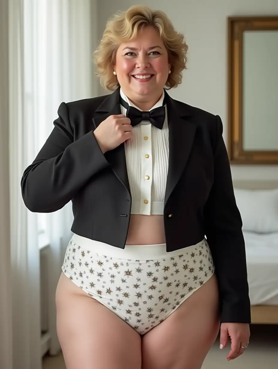 Caucasian-Woman-in-Formal-Orchestra-Tuxedo-with-Bright-White-Cotton-Brief-in-Bedroom