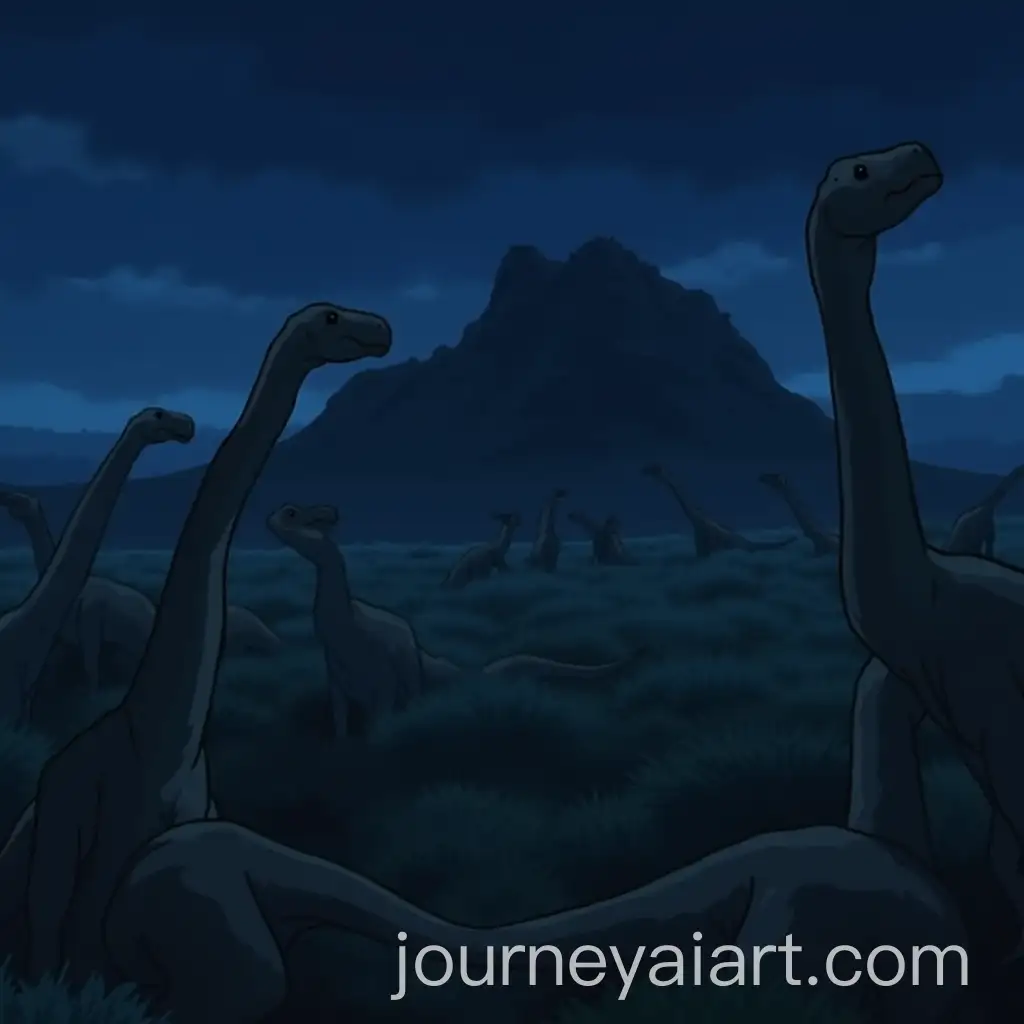 Nighttime-Stampede-of-Diplodocuses-with-TRex-in-the-Background