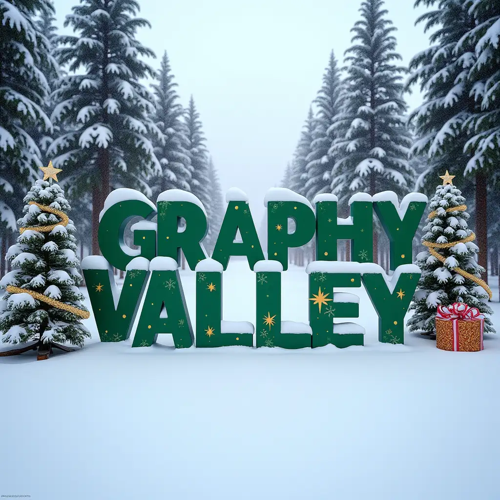 the inscription 'GRAPHY  VALLEY' is large on the snow in the winter palm forest in Sochi near the sea. Palm trees. The image is in the New Year's style. The color of the inscription is light green, there is a lot of beautiful snow around and Christmas tree toys with garlands