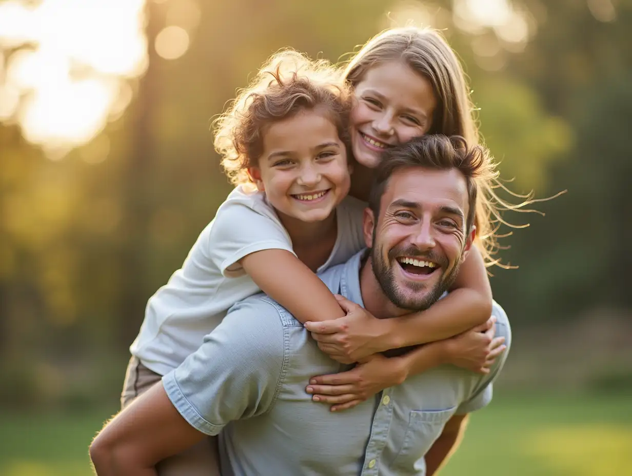 Portrait, family and happy in home outdoor with piggyback for day off, bonding and support with care. Parents, kids and smile for child development or growth with house or life insurance for security