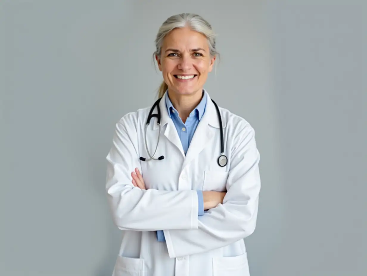 Smiling-Senior-Female-Doctor-Crossing-Arms-in-White-Coat