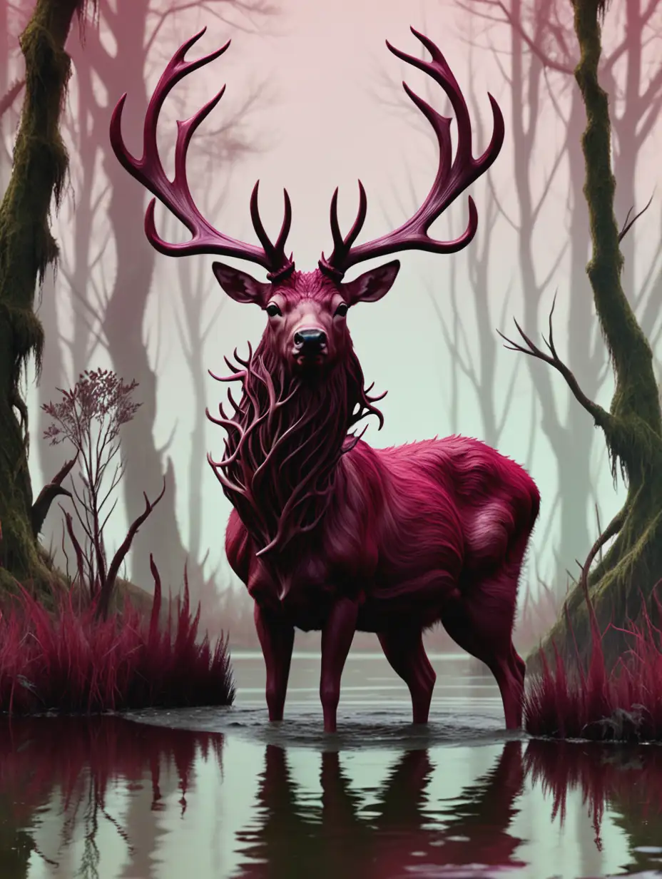 Fantasy Movie Still Stag with Twisted Antlers in Maroon Swamp