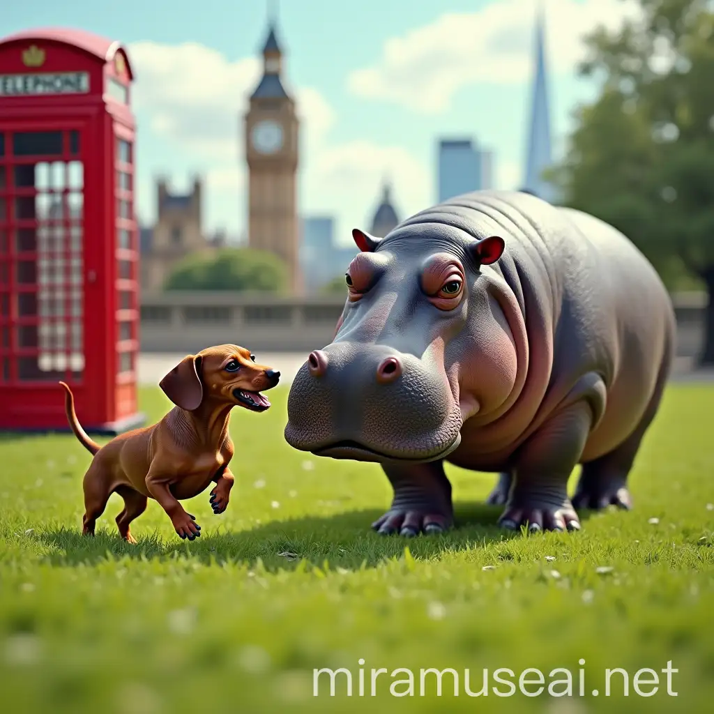 Playful Dachshund and Hippopotamus in London Park