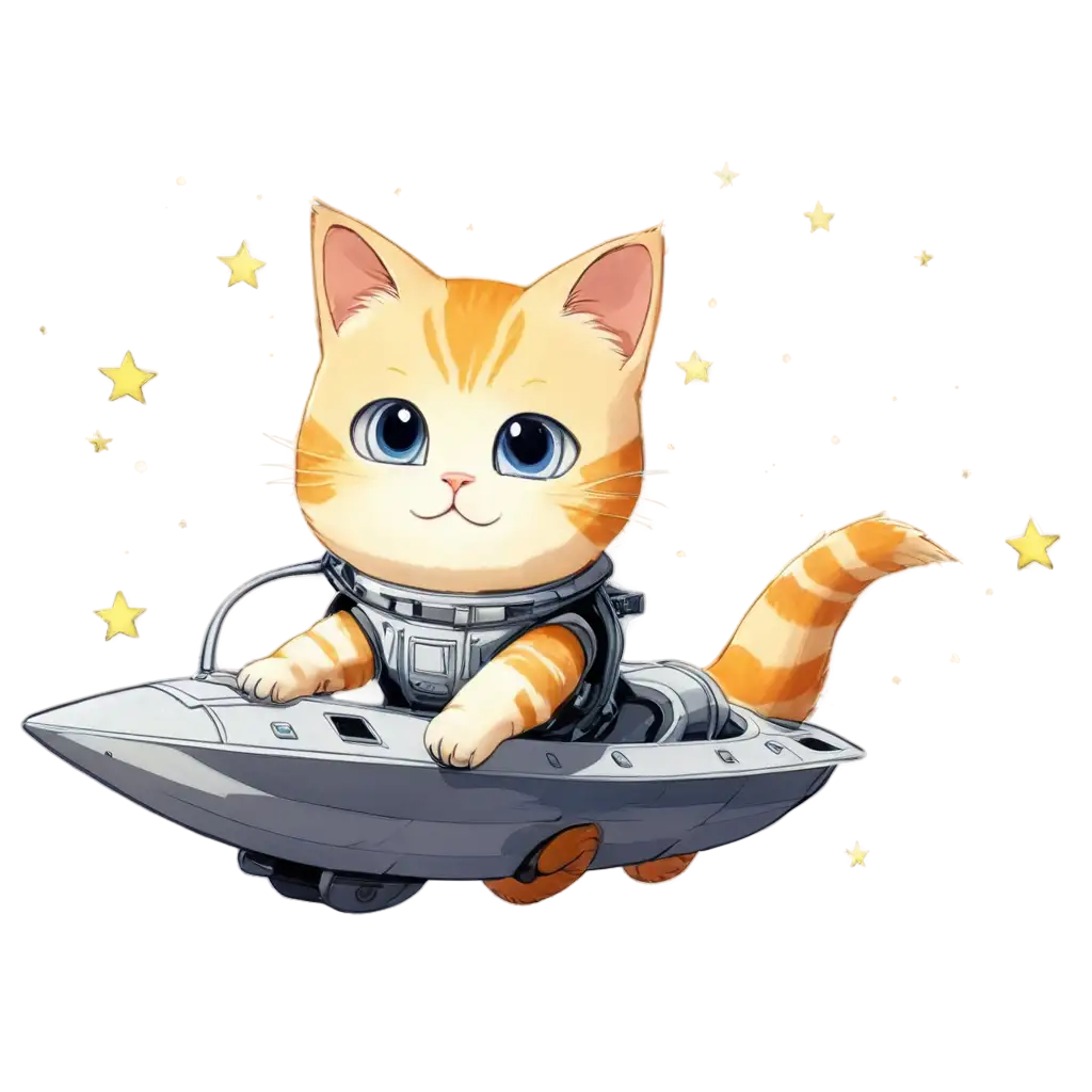 anime Cat going to the moon riding a space ship