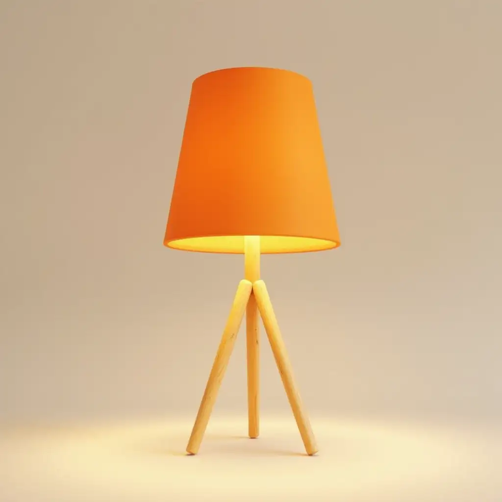 user_prompt: matovyj material color orange lamp on wooden legs hovering in the air, 3D, neutral background