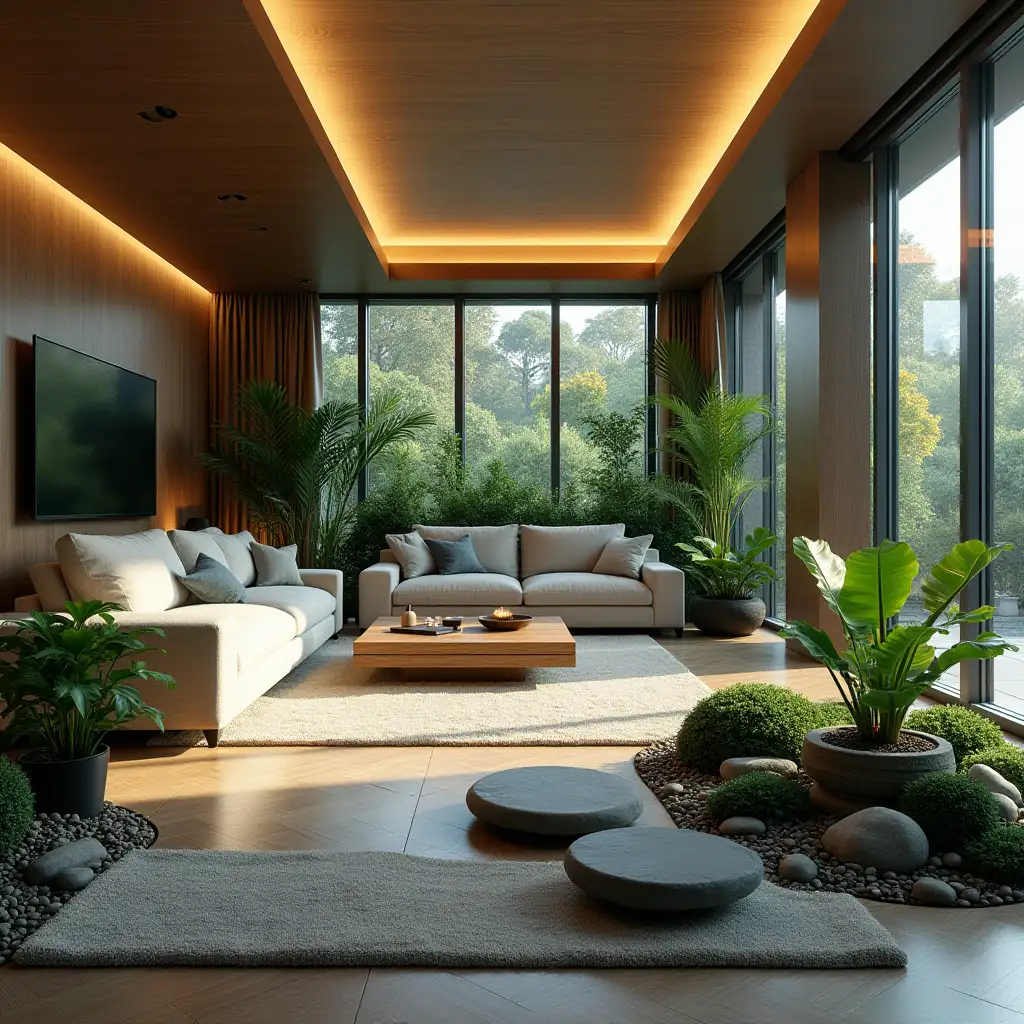 Large modern living room lighting with furnishing very many plants with Zen garden with carefully tended rocks, a meditative 180 degrees recording 8K resolution