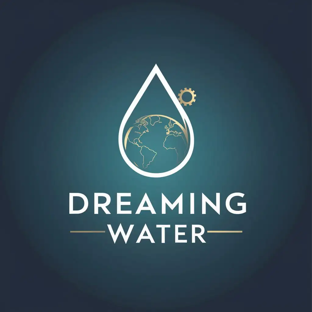 LOGO-Design-for-Dream-Water-Pure-Blue-with-Global-Water-Drop-and-Innovative-Gear-Element