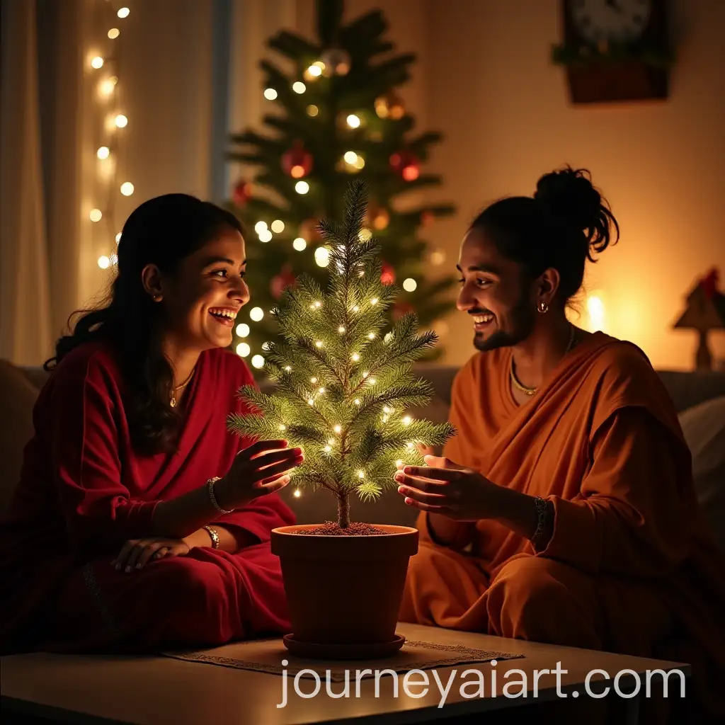 Indian-Family-Smiling-with-Christmas-Gift-by-Decorated-Tree-Pot