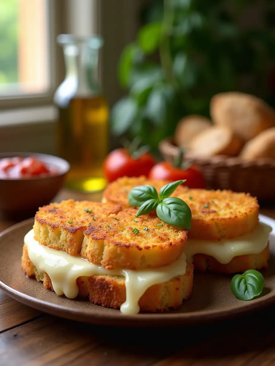 A appetizing plate of Mozzarella in Carrozza, presented on a rustic ceramic plate. The golden and crispy sandwiches are cut in half, revealing melted mozzarella that stretches delightfully. The breadcrumb surface is perfectly golden, with a crispy texture visible. The plate is garnished with fresh basil leaves and accompanied by a small bowl of homemade tomato sauce next to it. In the blurred background, a warm Mediterranean atmosphere: a bottle of olive oil, a basket of artisanal bread and fresh tomatoes. Soft natural light comes from a window to the left, creating subtle shadows and highlighting the details of the breadcrumb and melted cheese. Ultra-realistic style, professional food photography, 8K resolution, shallow depth of field (bokeh).